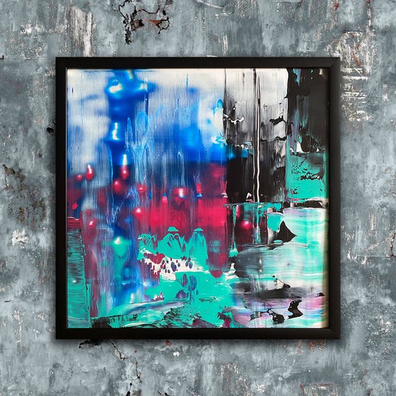 "Tokyo City Lights" - Original PMS Abstract Acrylic Painting On Plexiglass, Framed - 26" x 26"