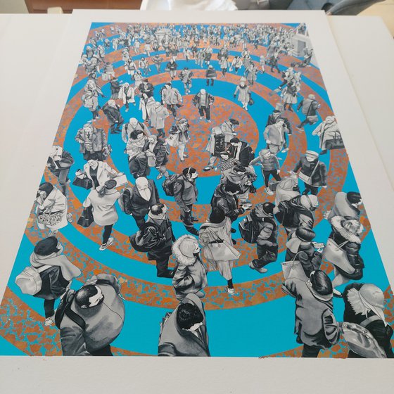 “People At The Station II” (Blue Red Gold Circles)