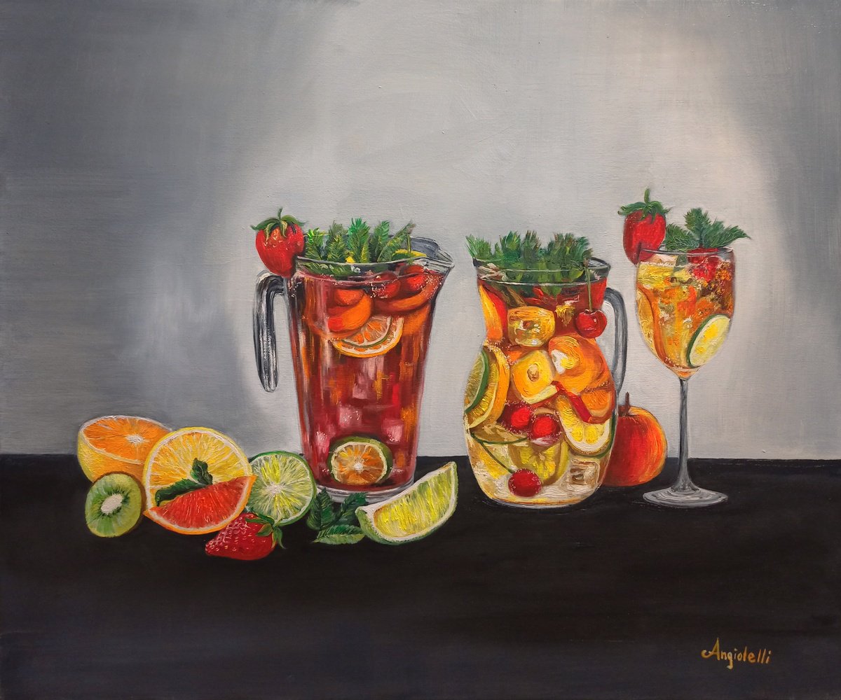 Photorealistic Still Life Oil Painting By Anna Rita Angiolelli, 24 X 20, Still Life With Sangria, Original Artwork