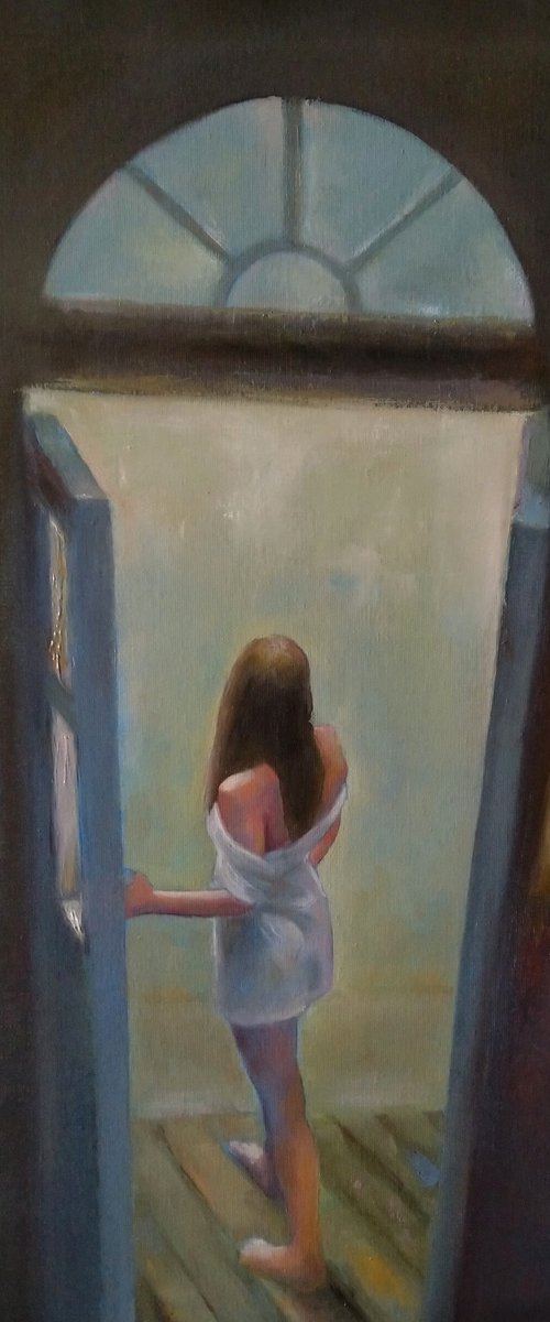 At the window (40x50cm, oil canvas, ready to hang) by Kamsar Ohanyan