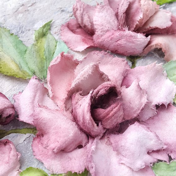 Sculpture painting, pink flowers impasto art Vintage roses