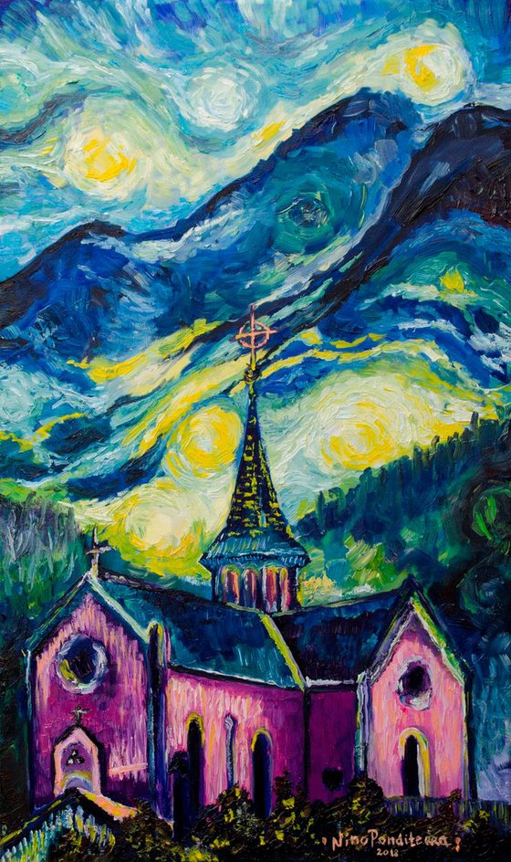 Pink church in Swiss Alps - original impressionistic oil painting