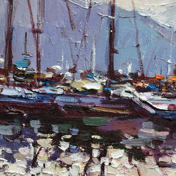 Sailing yachts in marina at sunset Original seascape painting