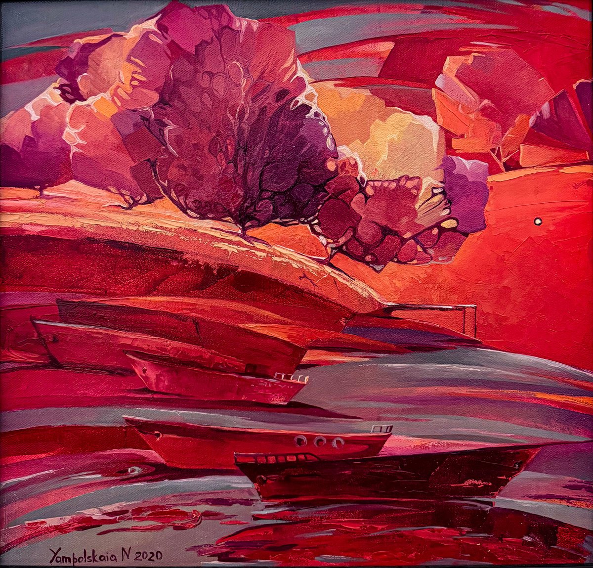 Abstract Landscape Oil Painting By Natalia Yampolskaia, 17 X 17", Twilight 2, Original Artwork