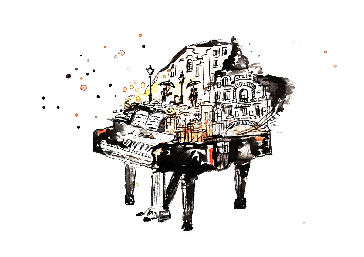 Surrealistic Watercolour , Piano With City By Luba Ostroushko, 12 X 16, Artwork For Sale On Artfinder