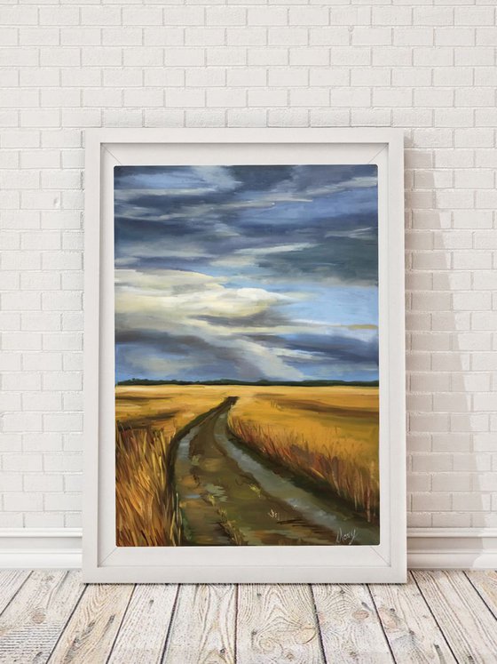 Landscape Original Oil Painting “Way back home in a rainy day” nature, village road 27.5х39cm