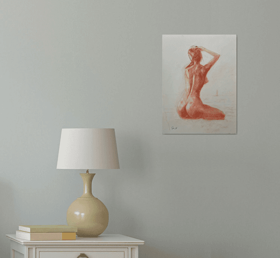 Nude girl sitting on the beach, Ukrainian original artwork