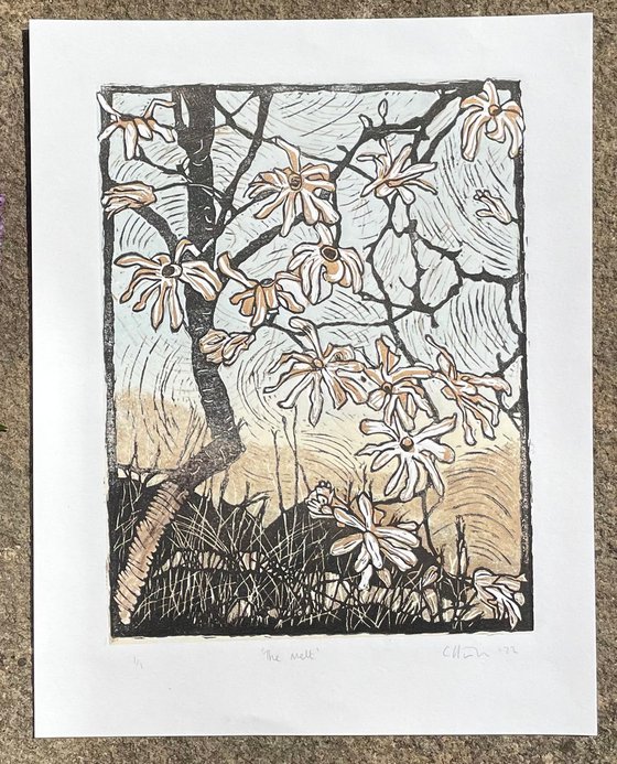 The Melt - Magnolia Blossom Contemporary Linocut Print