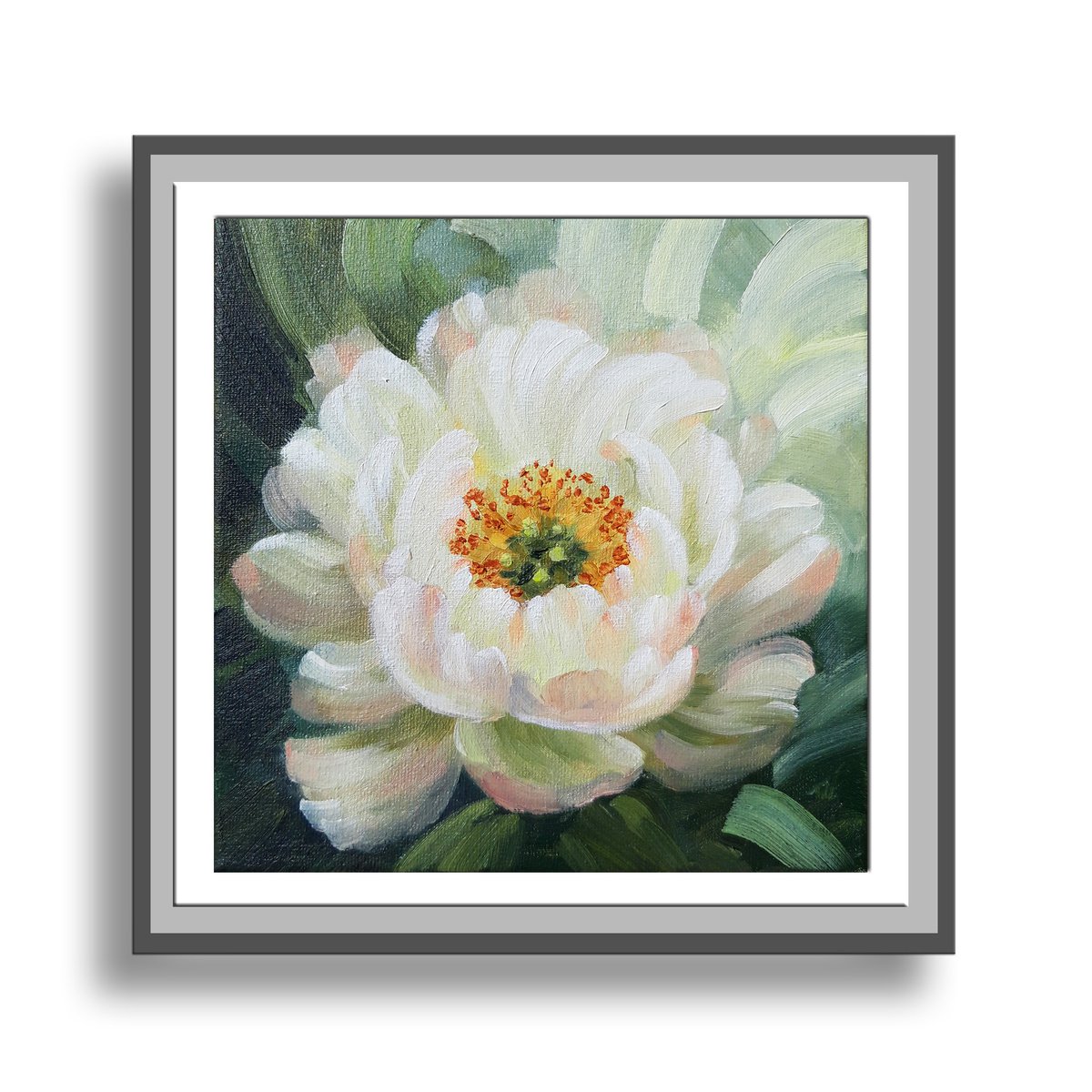 White peony, small floral oil painting, flowers art by Anna Steshenko