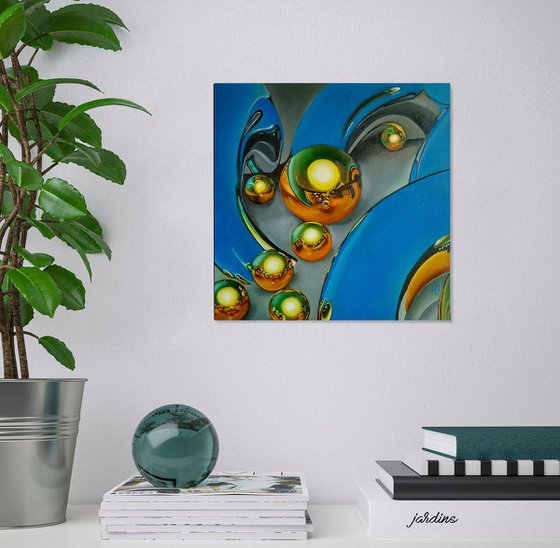 Abstraction Golden Spheres Blue Background Oil Painting Hyperrealism