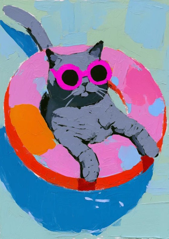 Grey Cat In The Swimming Pool
