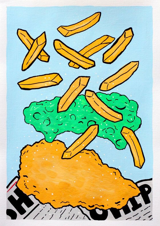 Fish And Chips Pop Art Painting On A4 Paper Unframed