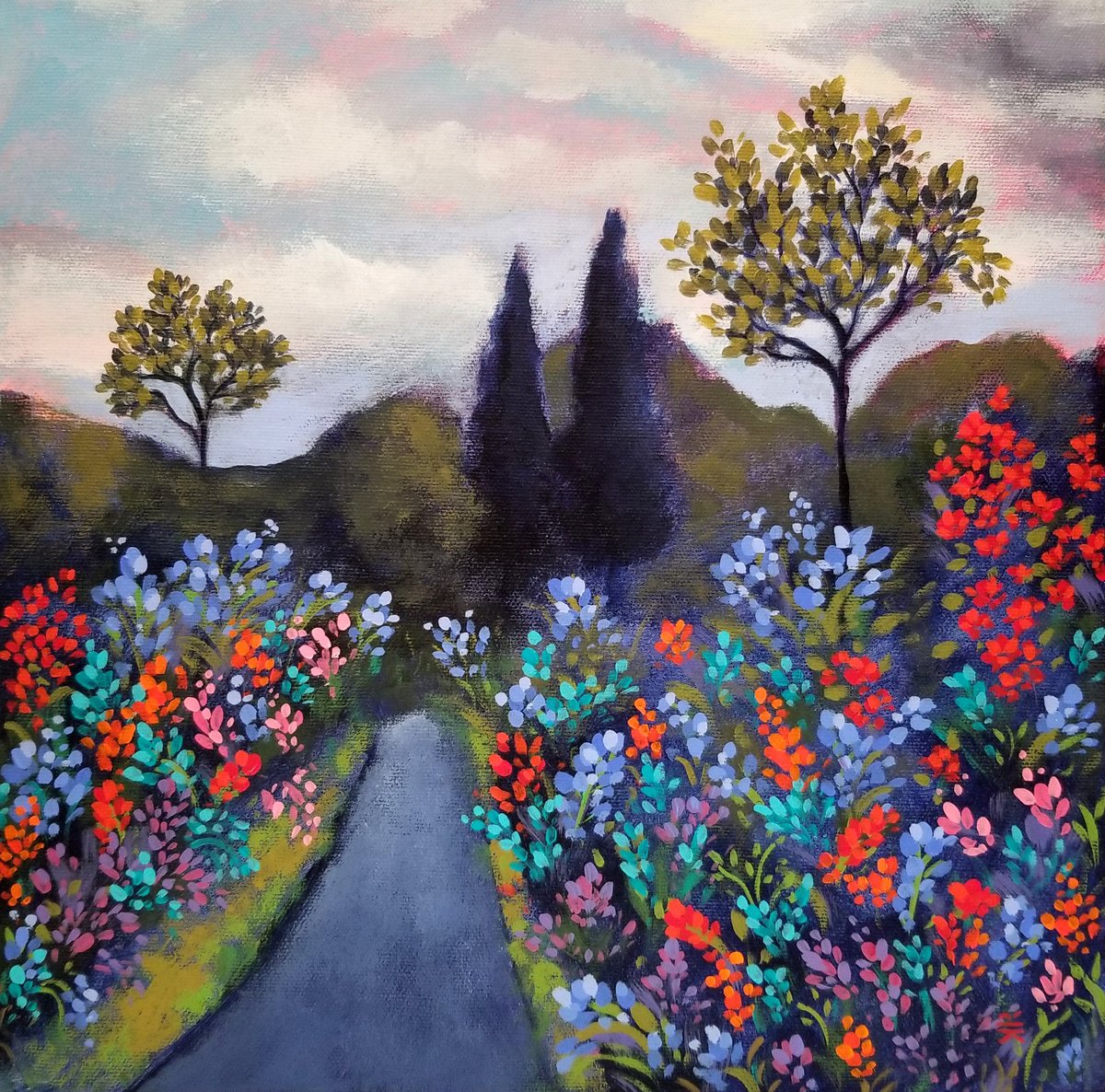 Impressionistic Landscape Acrylic Painting By Karen Rieger, 12 X 12", Twilight Edge Of Spring, Original Artwork