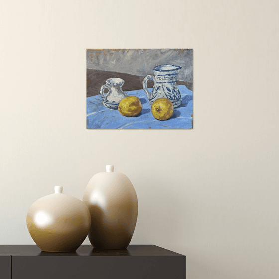 Still life with china and lemons