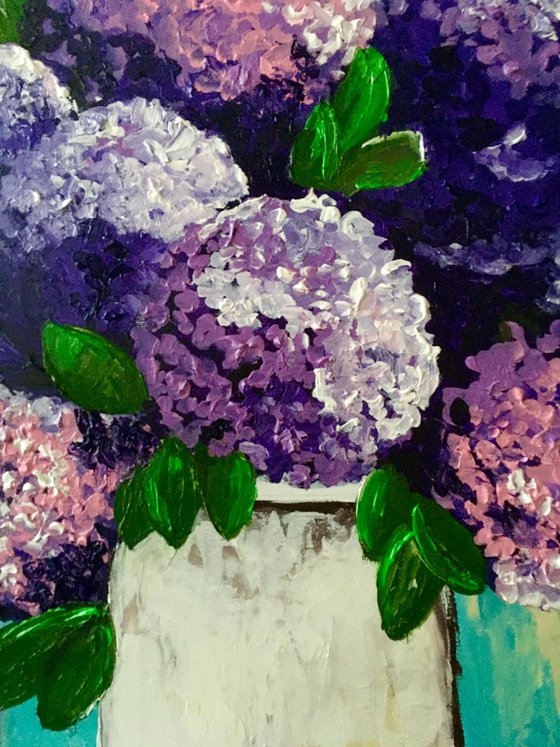 BOUQUET OF Purple and Pink  hydrangea in a white vase palette  knife Original Acrylic painting office home decor gift