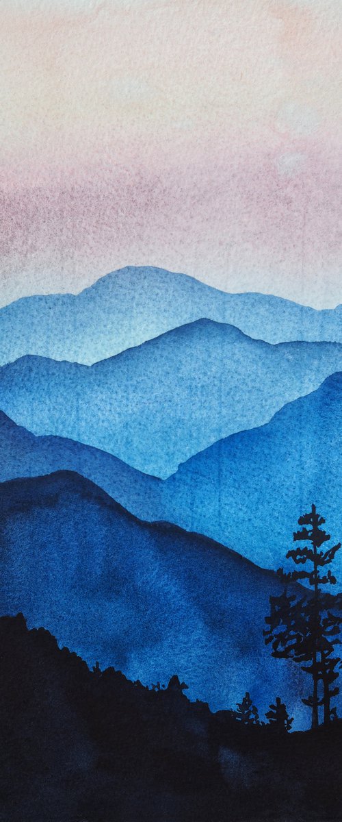 Sunrise in the mountains I - original watercolor artwork by Delnara El
