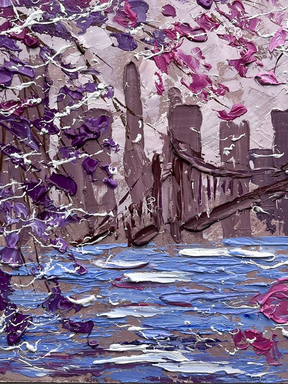 New York Painting Cityscape Original Art NYC Small Oil Impasto Cherry Blossom Tree Artwork Home Wall Art 10 by 8" by Halyna Kirichenko