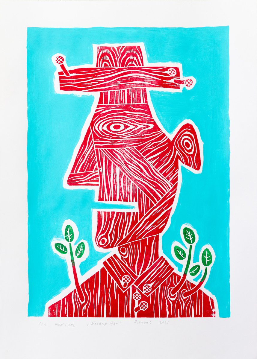 Portrait Limited Edition Print By Oleksandr Korol, 17 X 24", Wooden Man, Original Artwork