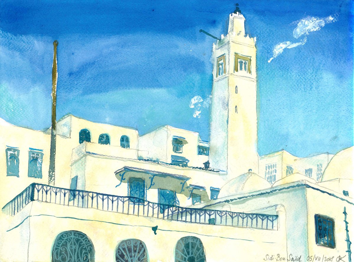 Impressionistic Landscape Watercolour By Olga Kataeva-Rochford, 15 X 11", Sidi Bou Sai?d. The Mosque, Original Artwork