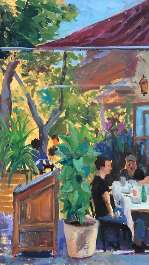 Street cafe in South Tel Aviv, cityscape oil painting by Leo Khomich