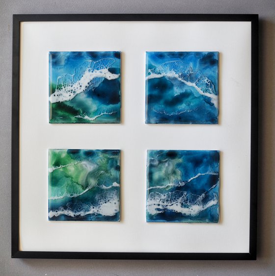 Blue lake - set of 4 original seascape painting, polyptych