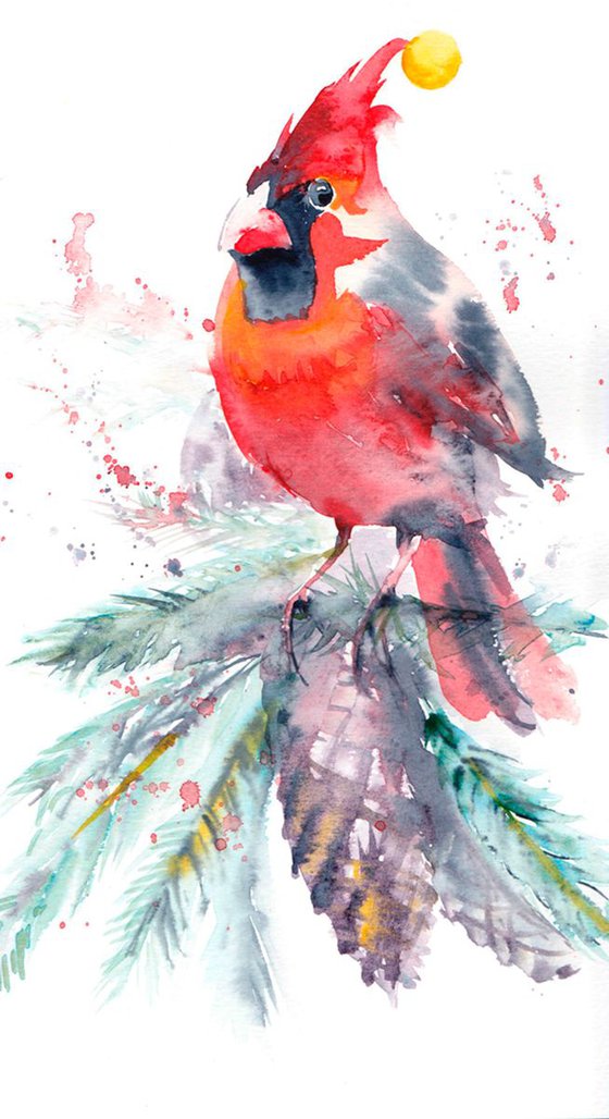 Fun Christmas painting, Red Cardinal watercolour, Festive bird painting,