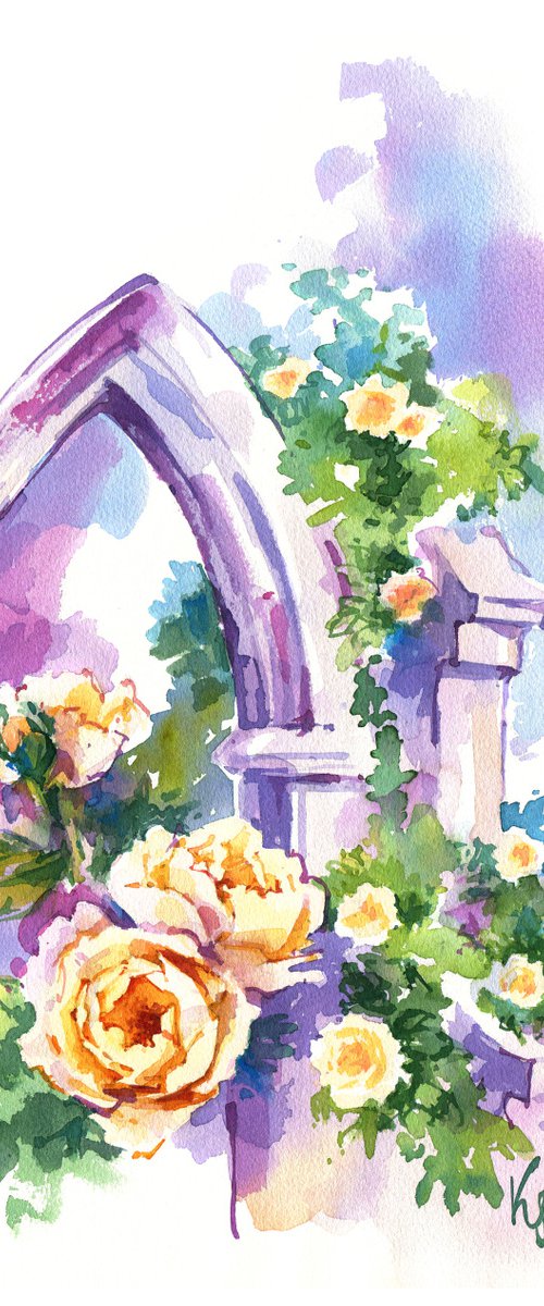 Bright summer landscape "Bushes of yellow roses at the walls and arches of an ancient castle" original watercolor painting by Ksenia Selianko