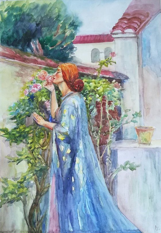 Watercolor study of Waterhouse - the soul of the rose