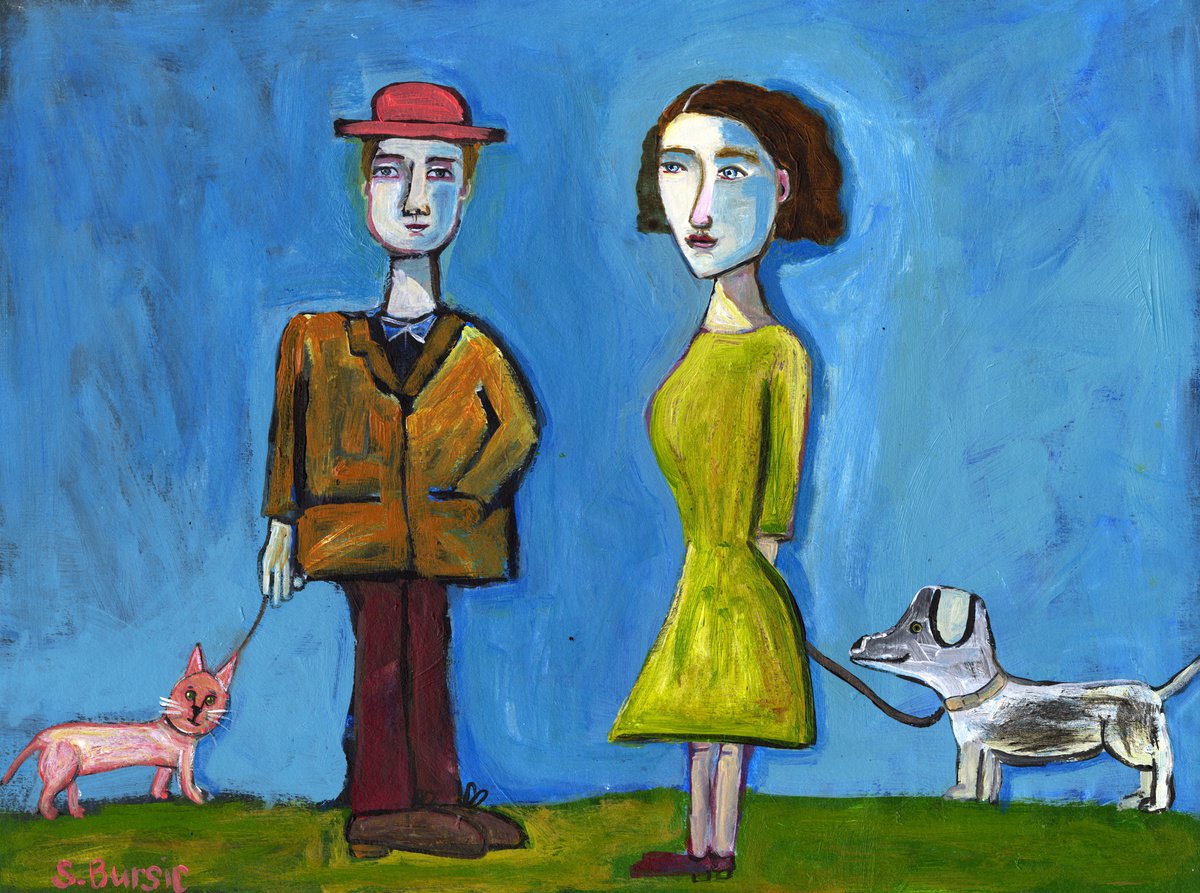 A couple walking their cat & dog - Whimsical Figurative Quirky Art Met in the Park by Sharyn Bursic