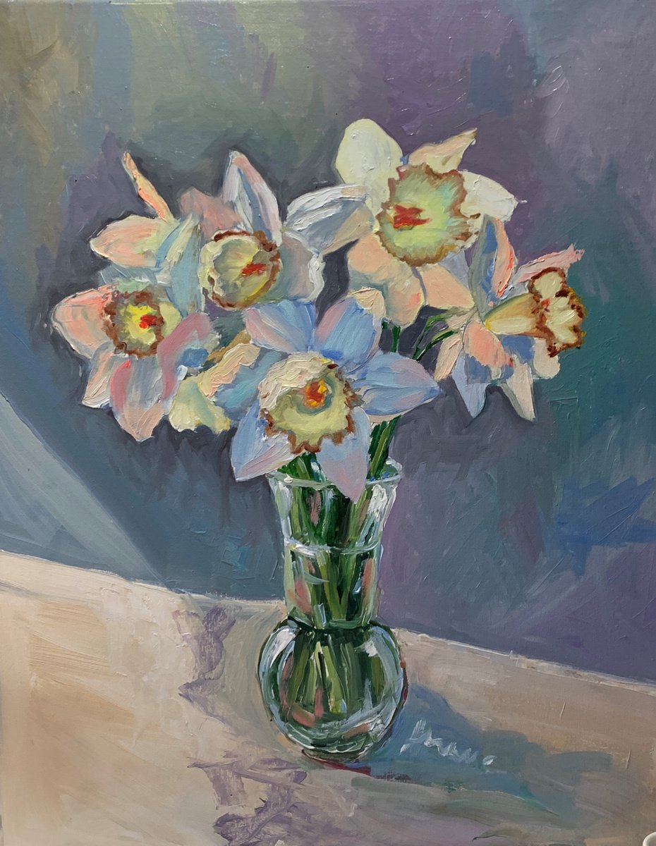 Daffodils flowers in a vase. Impasto, palette knife. by Vita Schagen