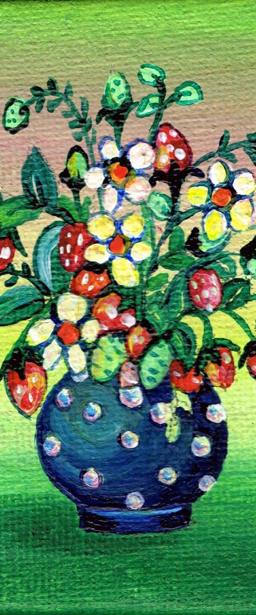 Flowers, Strawberries in blue pot, original acrylic miniature painting, still life by Diana Aleksanian