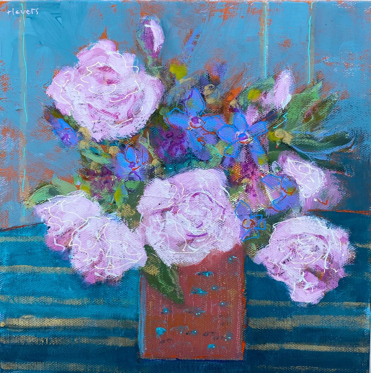 Impressionistic Still Life Acrylic Painting By Chrissie Havers, 12 X 12, Rococo Roses, Original Artwork