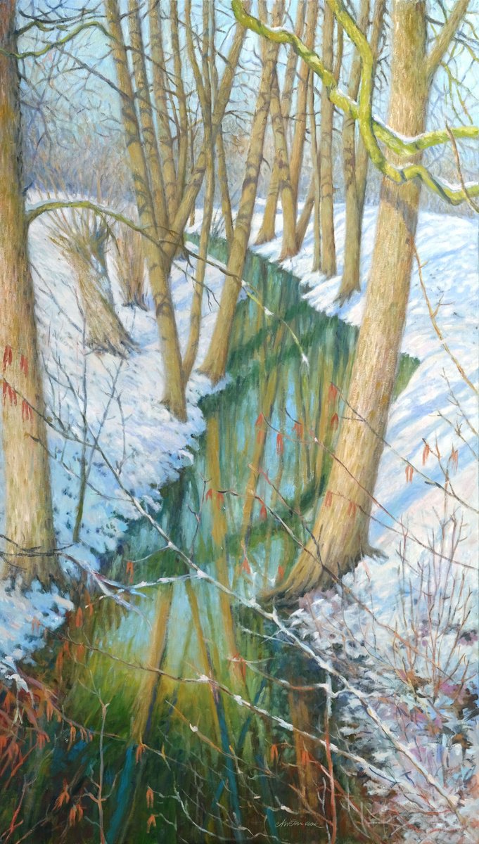 Impressionistic Landscape Oil Painting By Richard Mierniczak, 31 X 55", Small River, Original Artwork