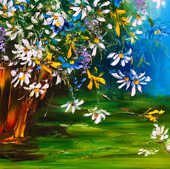 THE DANCE OF WILD FLOWERS - Floral still life. Lovely daisies. Modest cornflowers. Wildflowers. Huge bouquet. Summer colors. Village.