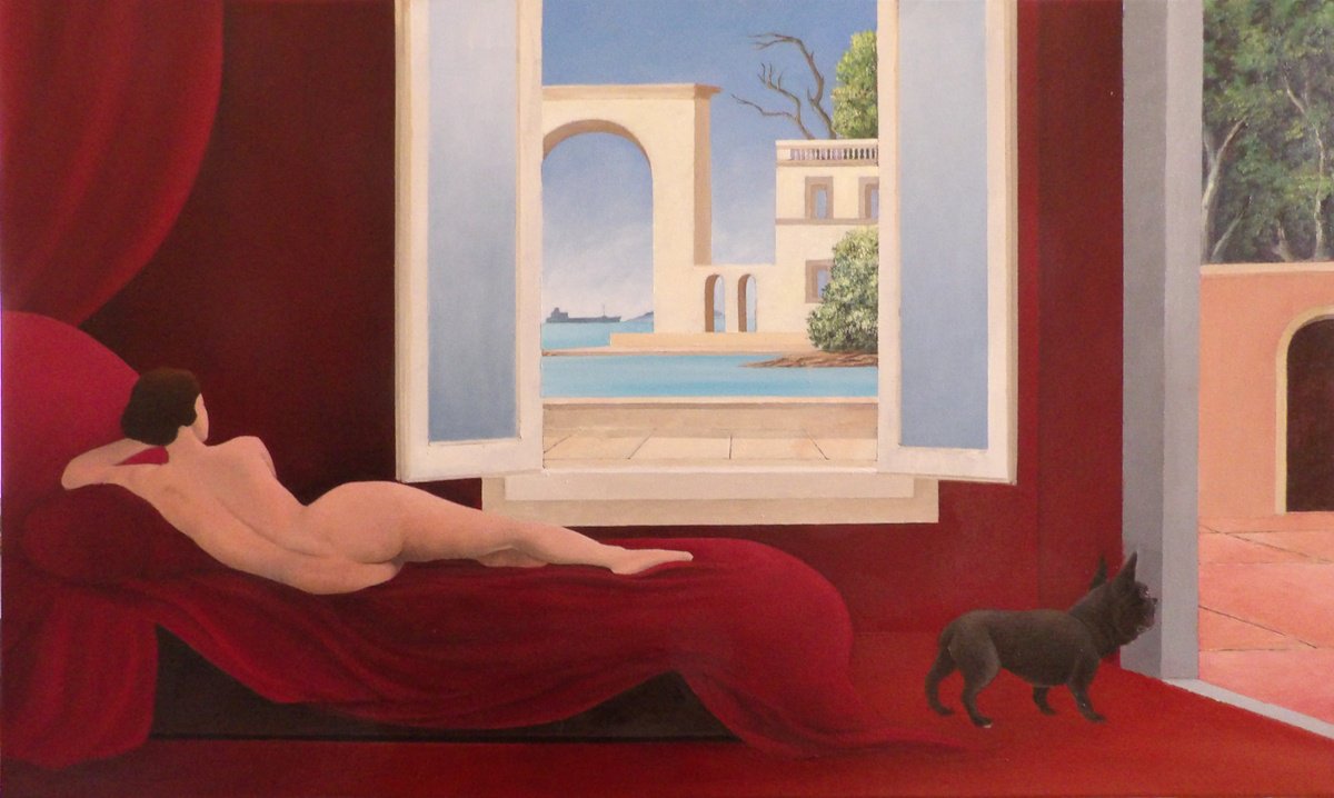 Surrealistic Landscape Oil Painting By Cecco Mariniello, 39 X 24, Venus Without Mirror, Original Artwork