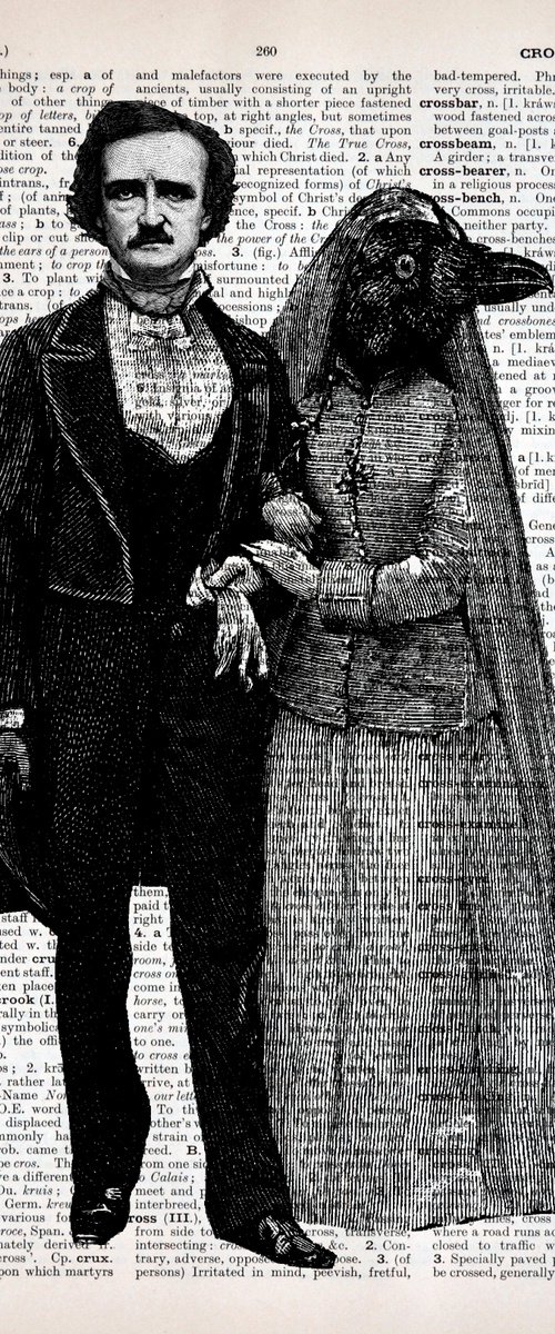 Edgar Allan Poe And Lady Raven - Collage Art Print on Large Real English Dictionary Vintage Book Page by Jakub DK - JAKUB D KRZEWNIAK