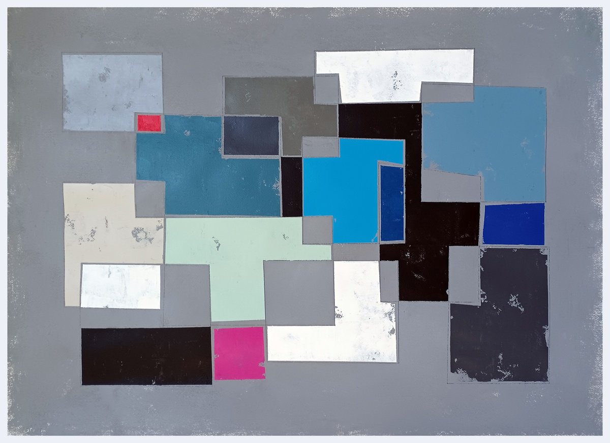 Geometric Abstract Acrylic Painting By Luis Medina, 30 X 22", Grey And Blue Composition, Original Artwork