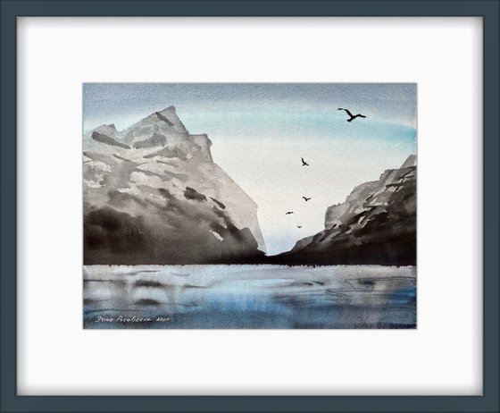 The North Sea original watercolor artwork, blue colors, cold water, medium size decor for  loft interior