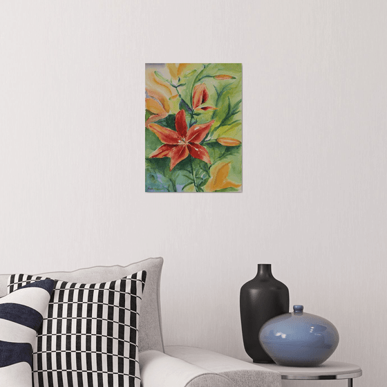 Tiger lily, watercolor, still life painting in impressionistic style