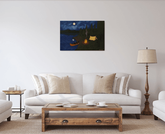 Under the Moonlight - nightscape campfire painting; home, office decor; gift ideas