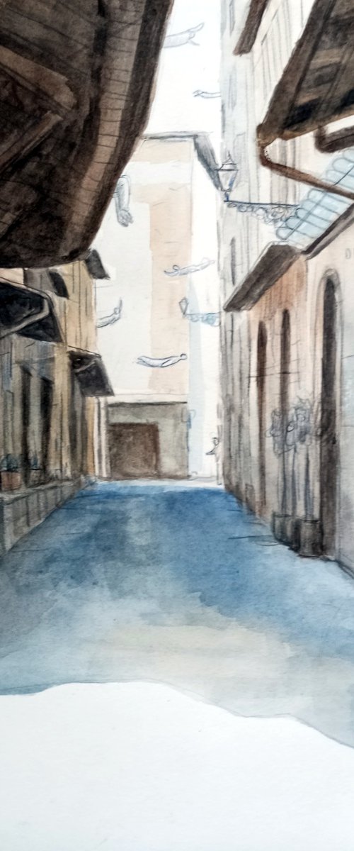 Alley with people flying by paolo beneforti