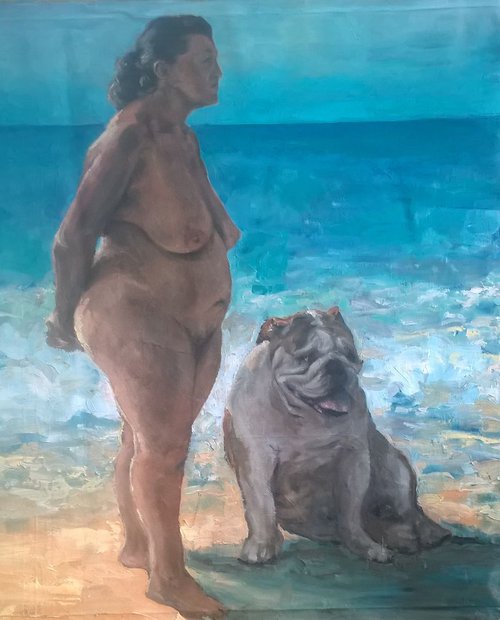 nude with bulldog by Sebastian Beianu