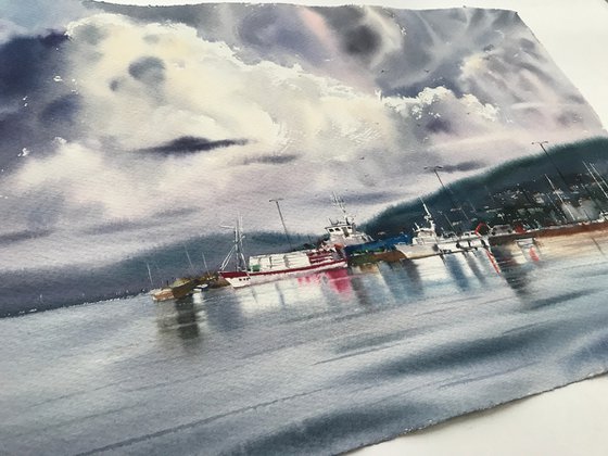 Moored yachts and clouds, Palamos