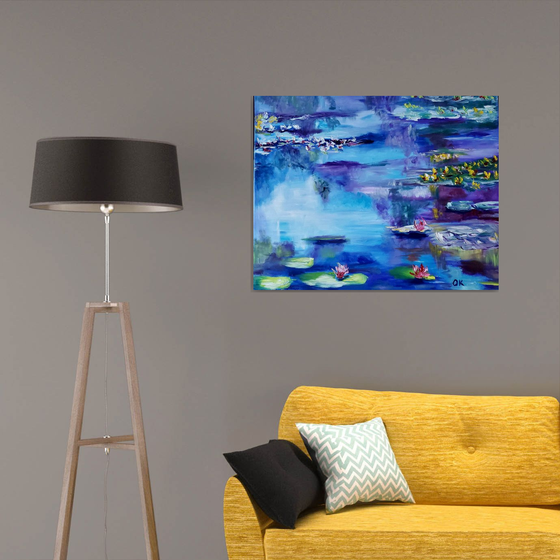 Water Lilies  92 x 76 x 2 cm inspired by Claude Monet  water reflections, purple, turquoise, blue sky