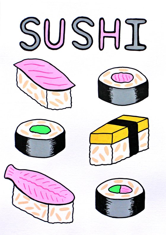 Sushi Illustrated Typographic Poster on Unframed A4 Paper