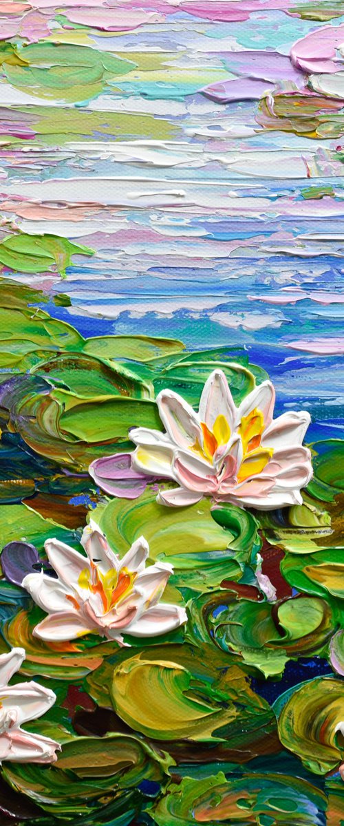Water Lilies Pond II - Impasto Floral Art, Palette Knife Painting by Olga Tkachyk