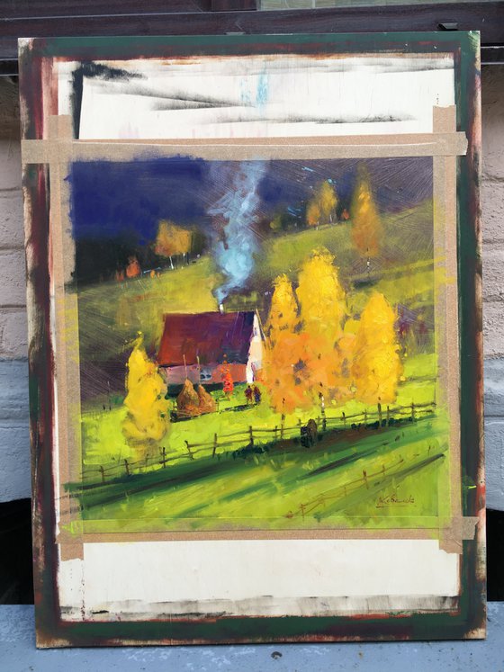 Oil on canvas painting Autumn landscape with trees and house in mountains
