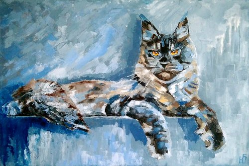 The Cat, Cat Oil Painting Maine Coon Original Art Tabby Cat Artwork Pet Portrait Wall Art 60x40 cm by Yulia Berseneva