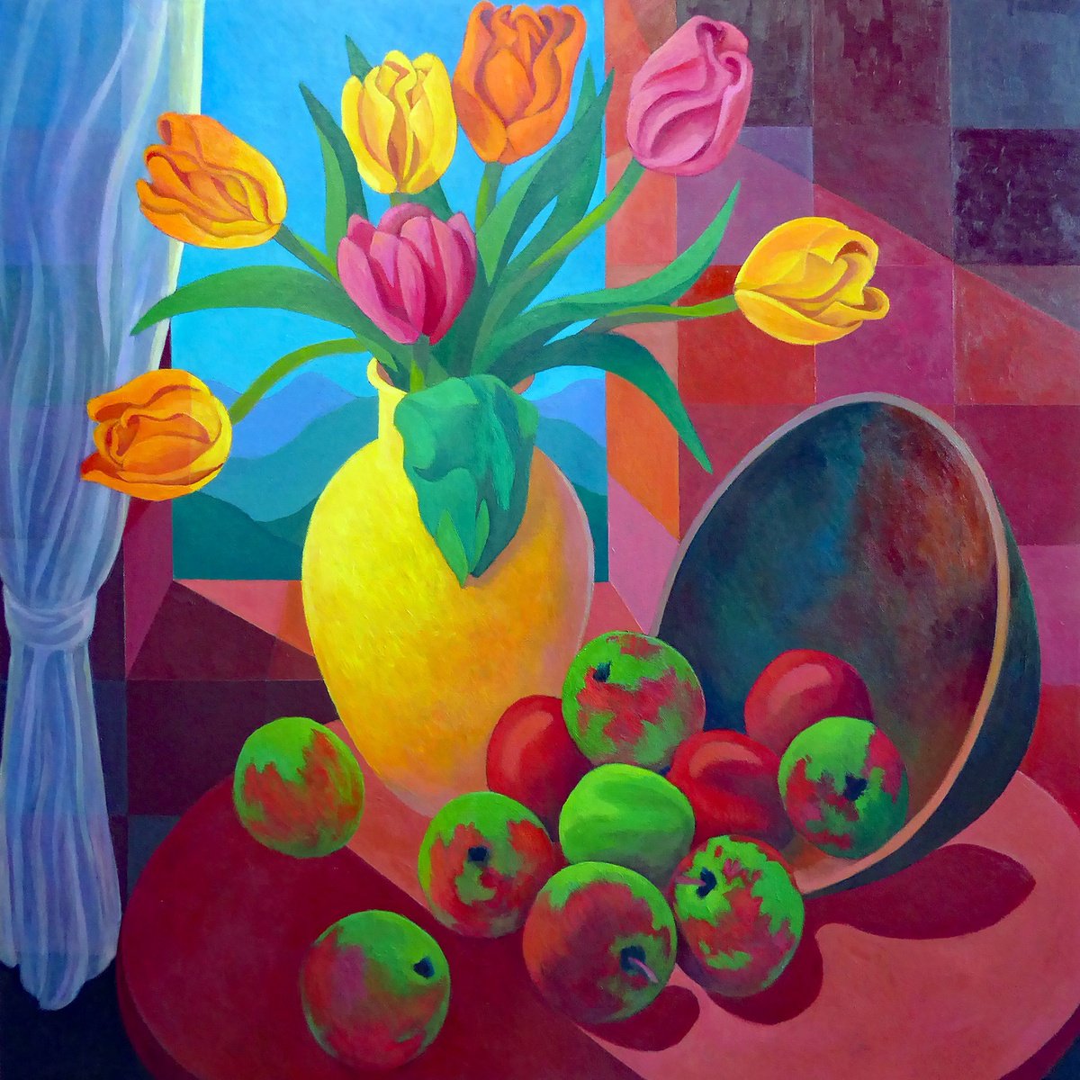 Impressionistic Still Life Acrylic Painting By Stephen Conroy, 31 X 31", Still Life: Apples And Tulips, Original Artwork