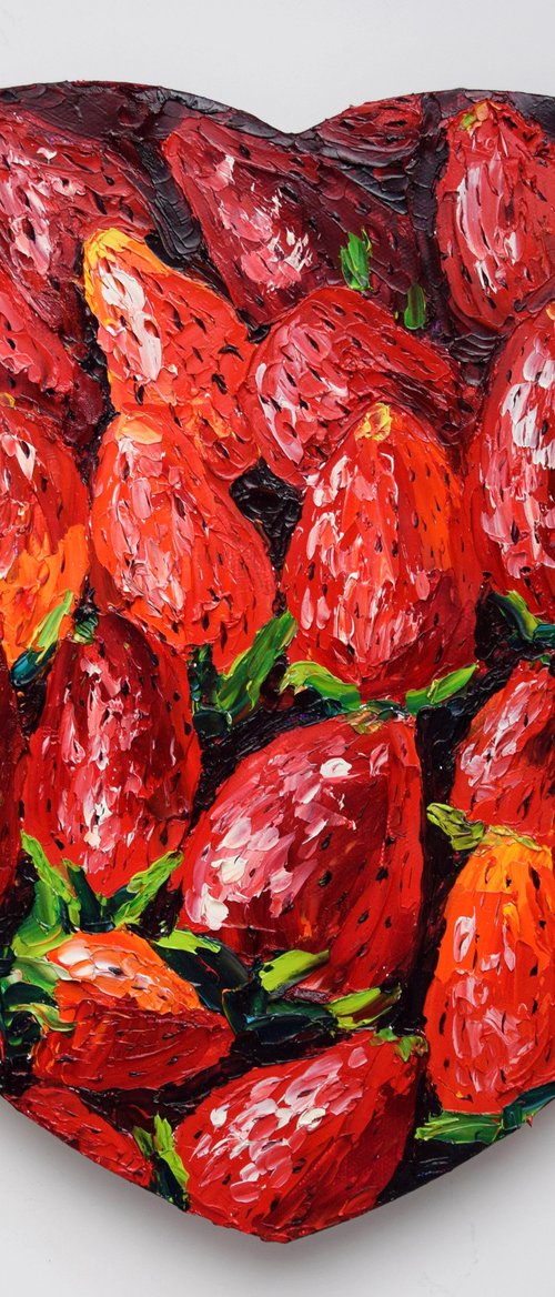 Strawberry oil painting on heart shape canvas, red berry original wall art by Kate Grishakova